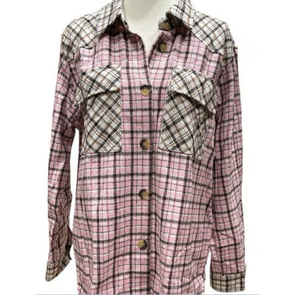 Umgee Women’s Pink Color Block Plaid Button Down Shirt Shacket Size Sz Med